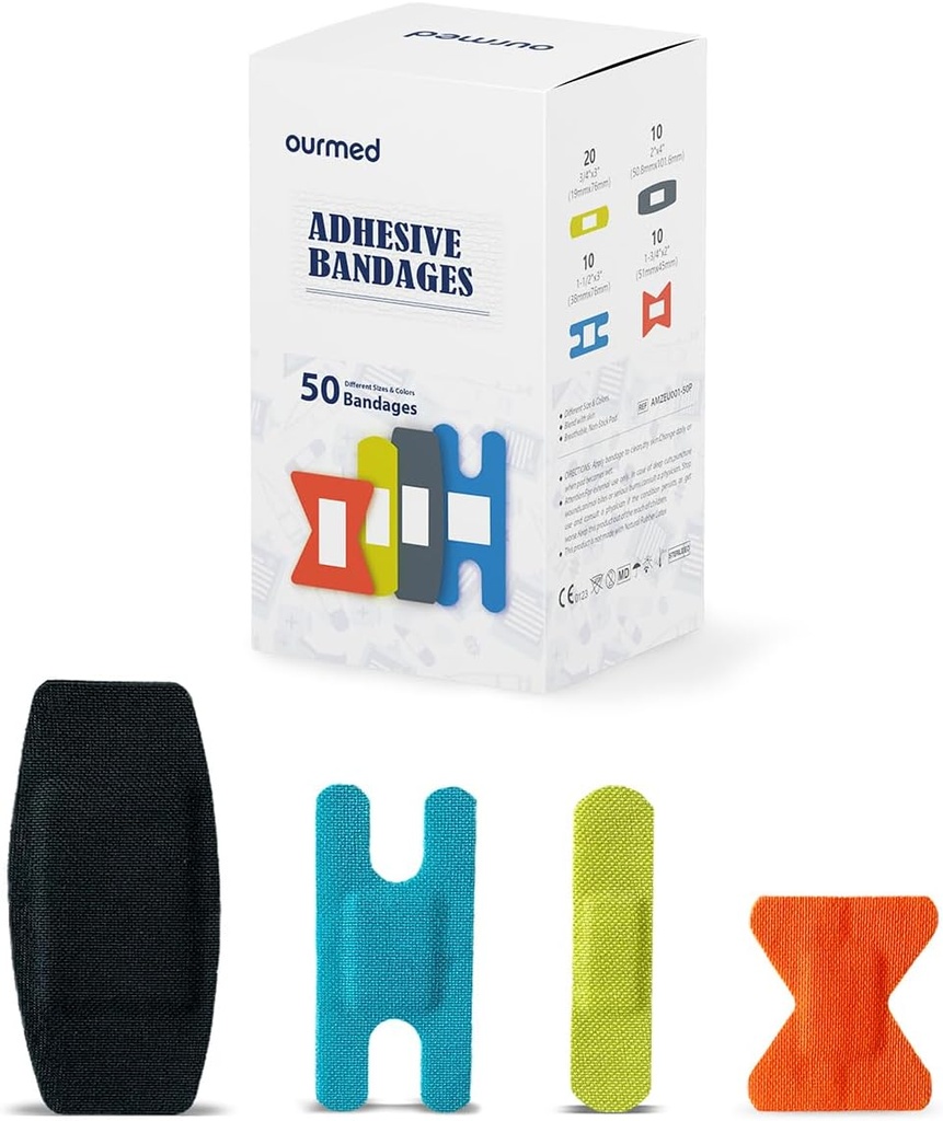 Fleksible stofbandager med non-Stick Pad, Latex Free, Rainbow Farver Adhesive Bandage Førstehjælp Sårpleje til Cuts, Scrapes, Blistere, Diverse størrelser, 50 Greve