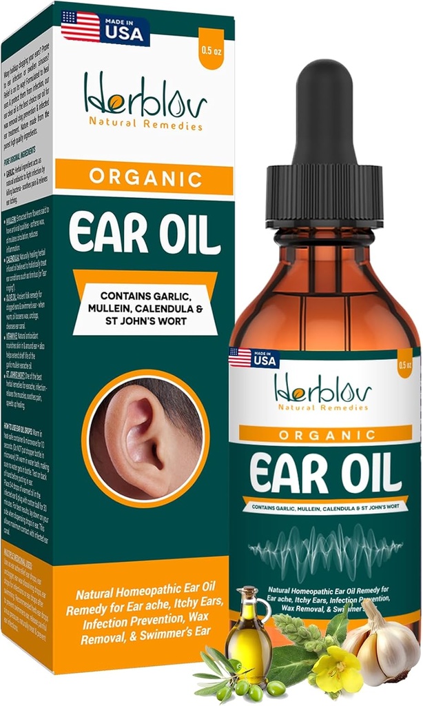 Organic Ear Oil for Ear Infektioner - Natural Eardrops for Infektion Prevention, Swimmers Ear & Wax Removal - Børn, Voksne, Baby, Hunde Earache Remedy - med Mullein, Hvidløg, Calendula, Made in USA