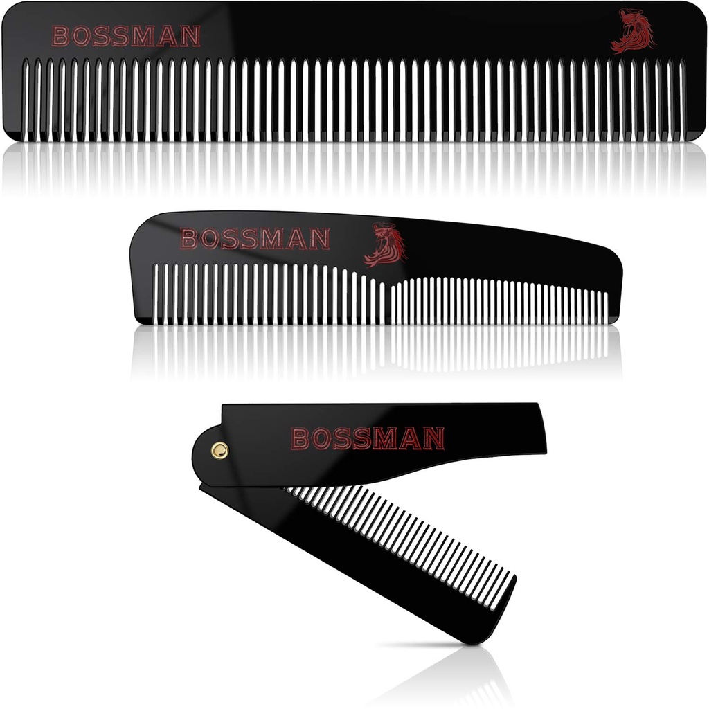 Bossman Acetat skæg, Mustache, og hår Comb Set af 3 - Combs for mænd med minimalistisk magnetisk boks (7.5-Tommer, 5-Tommer, 3.5-Tommer) - funktioner Afrundede tænder, Double- Sidede Tænder, og foldbart design