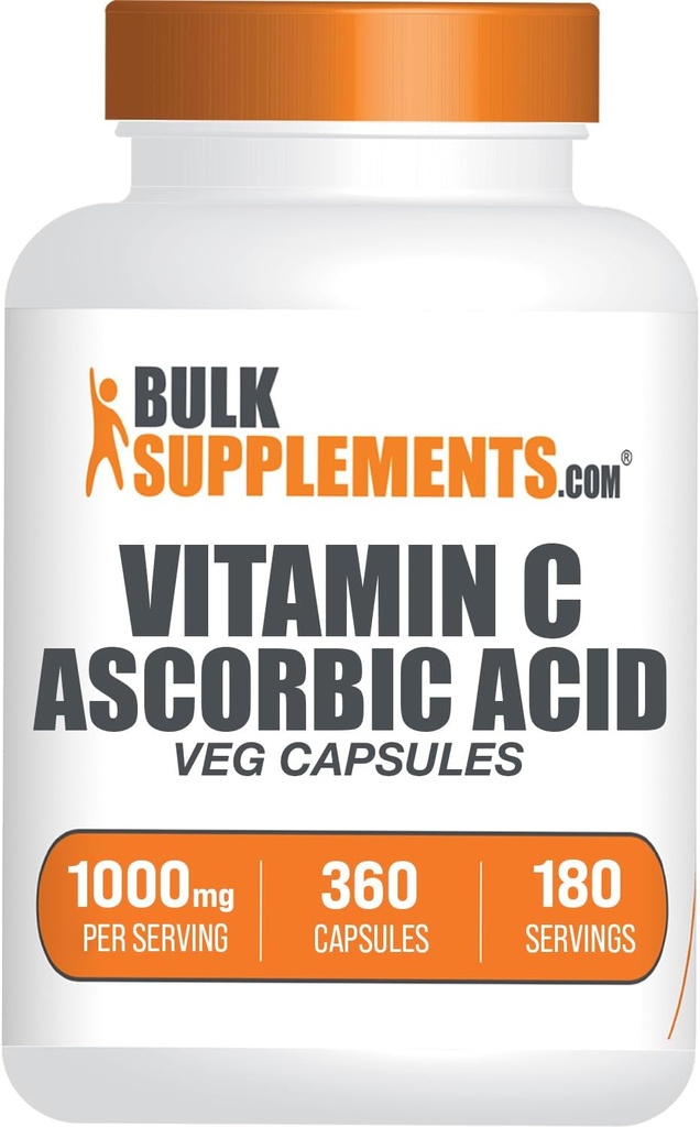 Bulkaddiments.com Ascorbic Acid Kapsler - Ascorbic Acid Vitamin C 1000mg, C-vitamin Supplement - Vegan & Gluten Free, 2 kapsler per servering, 360 Greve (pakke med 1)