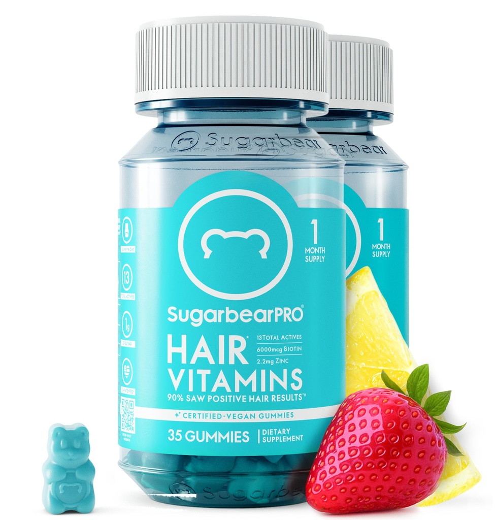 Sugarbear Hår Vitamin Gummy 2 måneder Supply Extra Strength Biotin 6000mcg, Vækst til mænd og kvinder, Vegansk Vitamin B12, MSM, Inositol, Omega 3, Elderberry, Certified Kosher, Halal, Cruelty- Free