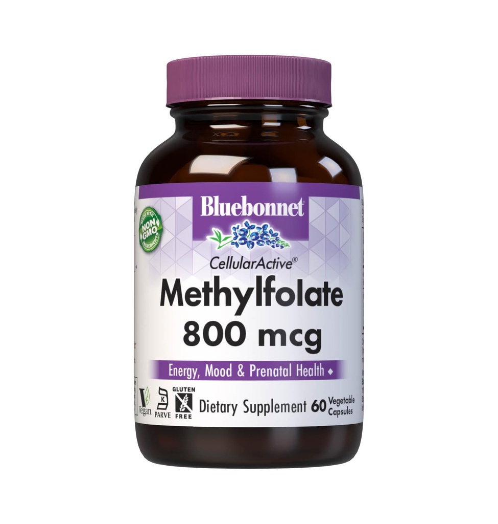BlueBonnet Nutrition CellularActive Methylfolate 800 mcg - Formuleret med Quatrestolisk - for energi, Mood, og Prenatal Sundhed - Vegan, Gluten- Free, Non- GMO, og Kosher - 60 kapsler - 60 Servering