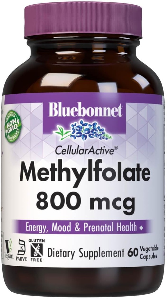 BlueBonnet Nutrition CellularActive Methylfolate 800 mcg - Formuleret med Quatrestolisk - for energi, Mood, og Prenatal Sundhed - Vegan, Gluten- Free, Non- GMO, og Kosher - 60 kapsler - 60 Servering