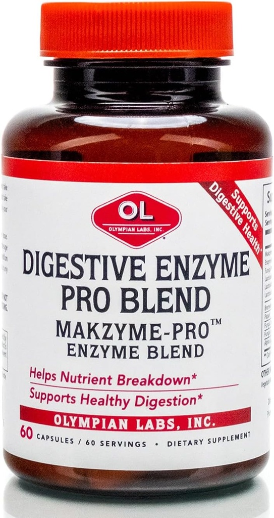 Olympian Labs fordøjelsesfremmende Makzyme- Pro Enzymes, 60 kapsler, Breaks Down Proteiner, Carbs, Fedtstoffer, Olie & Mælk, 60 Servere