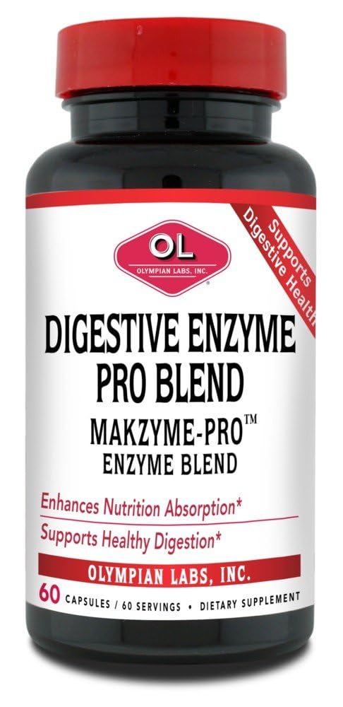 Olympian Labs fordøjelsesfremmende Makzyme- Pro Enzymes, 60 kapsler, Breaks Down Proteiner, Carbs, Fedtstoffer, Olie & Mælk, 60 Servere