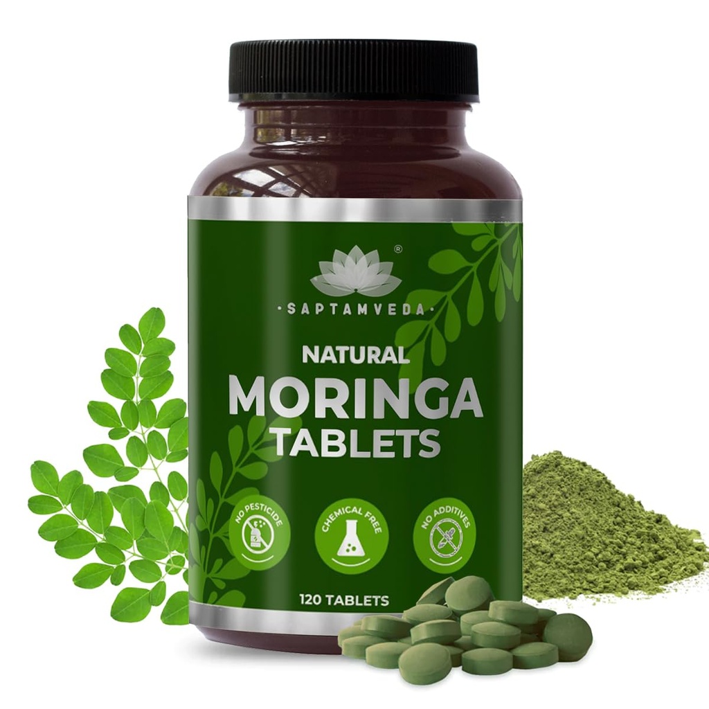 SAPTAMVEDA Natural Moringa Tablets, Drumstick Leaf Tablets (120 Tablets) - 500mg Each | Natural Multi-Vitamin | Rich in Anti-Oxidant, Immunity Booster | Good for Hair & Skin from India Farms