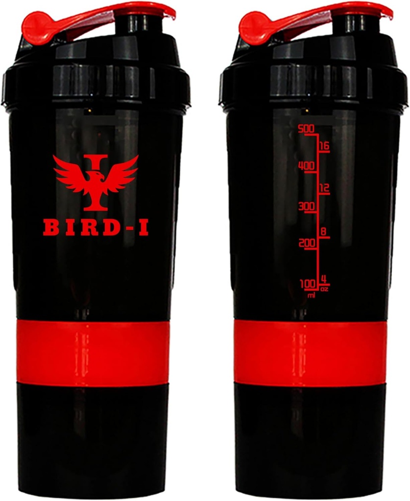 BIRD- Gym Protein Shaker, 3- in-1, 500ml / 16,9 oz, BPA- Free, Metal Mixer. (RED), JT4101