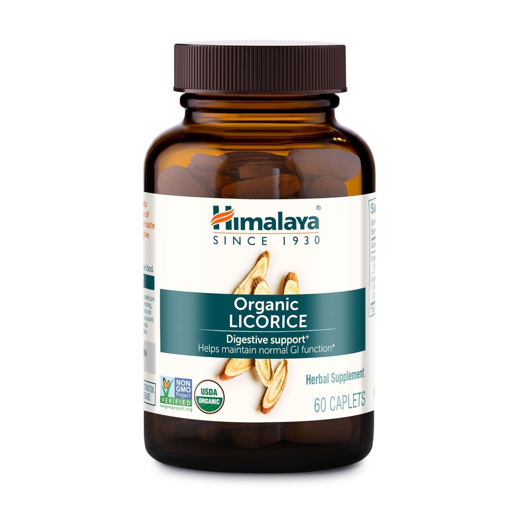 Himalaya Organic Lakrids, 60 Day Supply - Digestive Health Supplement for Opset Mave Relief og Lejlighedsvis Bloating og Heartburn - USDA Organic, Vegan, Non- GMO, Non- DGL, Gluten Free, 60 Caplets