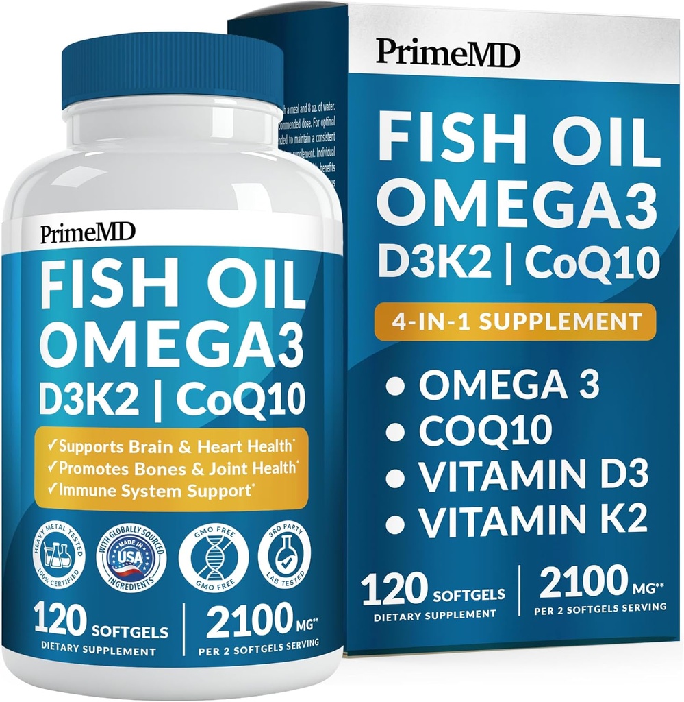 4-in-1 Fish Oil Omega 3 Fede Kosttilskud (2100 mg) - Omega 3 Fiskeolie med Vitamin D3 K2 og CoQ10 - Lemon Flavored (120 softgel)