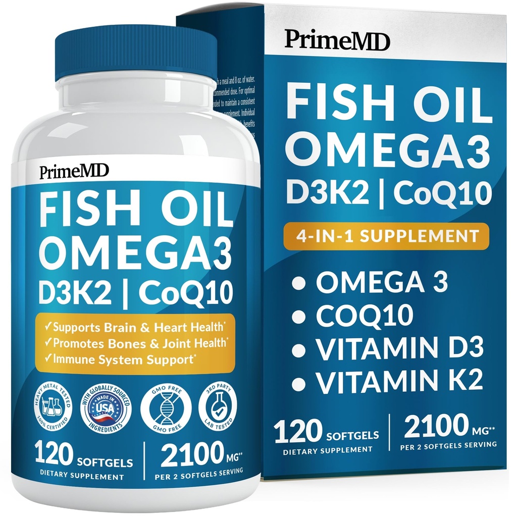 4-in-1 Fish Oil Omega 3 Fede Kosttilskud (2100 mg) - Omega 3 Fiskeolie med Vitamin D3 K2 og CoQ10 - Lemon Flavored (120 softgel)