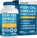 4-in-1 Fish Oil Omega 3 Fede Kosttilskud (2100 mg) - Omega 3 Fiskeolie med Vitamin D3 K2 og CoQ10 - Lemon Flavored (120 softgel)