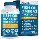 4-in-1 Fish Oil Omega 3 Fede Kosttilskud (2100 mg) - Omega 3 Fiskeolie med Vitamin D3 K2 og CoQ10 - Lemon Flavored (120 softgel)