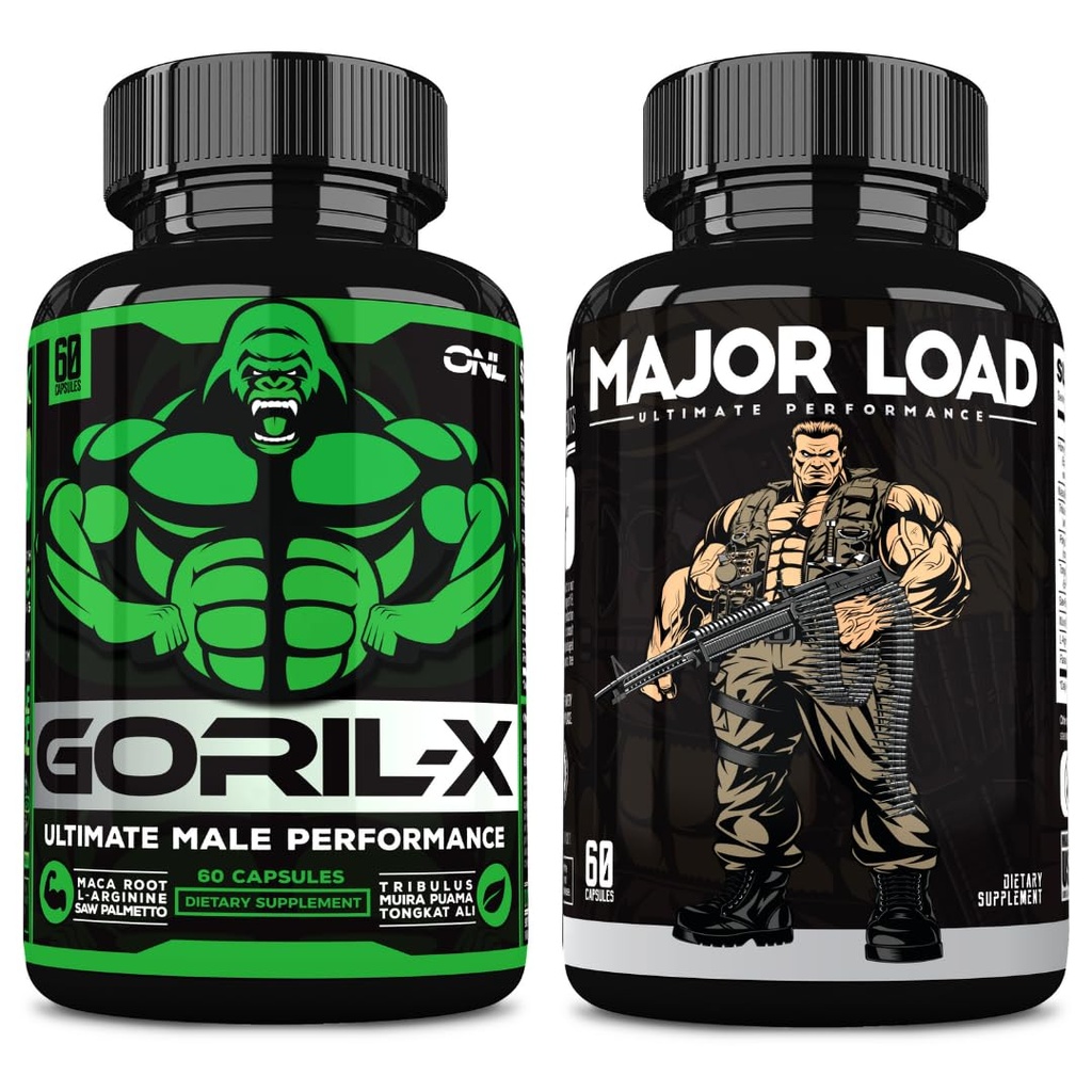 ONL Ultimate Mænds Testosteron Booster Bundle - GORIL- X & Major Load Kosttilskud Buddy 124; Forbedre Styrke, Stamina, og energi Buddy 124; med Horny Geat Weed, Maca, Tongkat Ali, Tribulus Buddy 124; 120 Kapsler