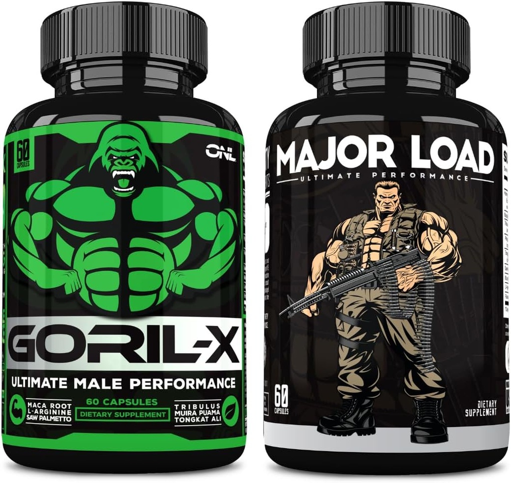 ONL Ultimate Mænds Testosteron Booster Bundle - GORIL- X & Major Load Kosttilskud Buddy 124; Forbedre Styrke, Stamina, og energi Buddy 124; med Horny Geat Weed, Maca, Tongkat Ali, Tribulus Buddy 124; 120 Kapsler