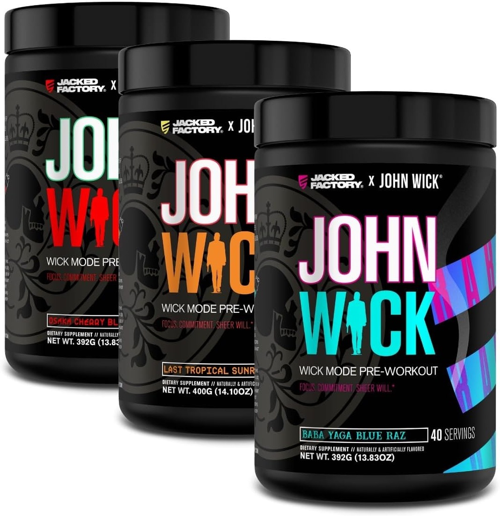 Jacked Factory X John Wick - Wick Mode Pre Workout Powder - Intense Energy, Battle- Ready Focus, Ustoppelig forpligtelse, og Sheer Will - 120 Serveringer (3-Pack)