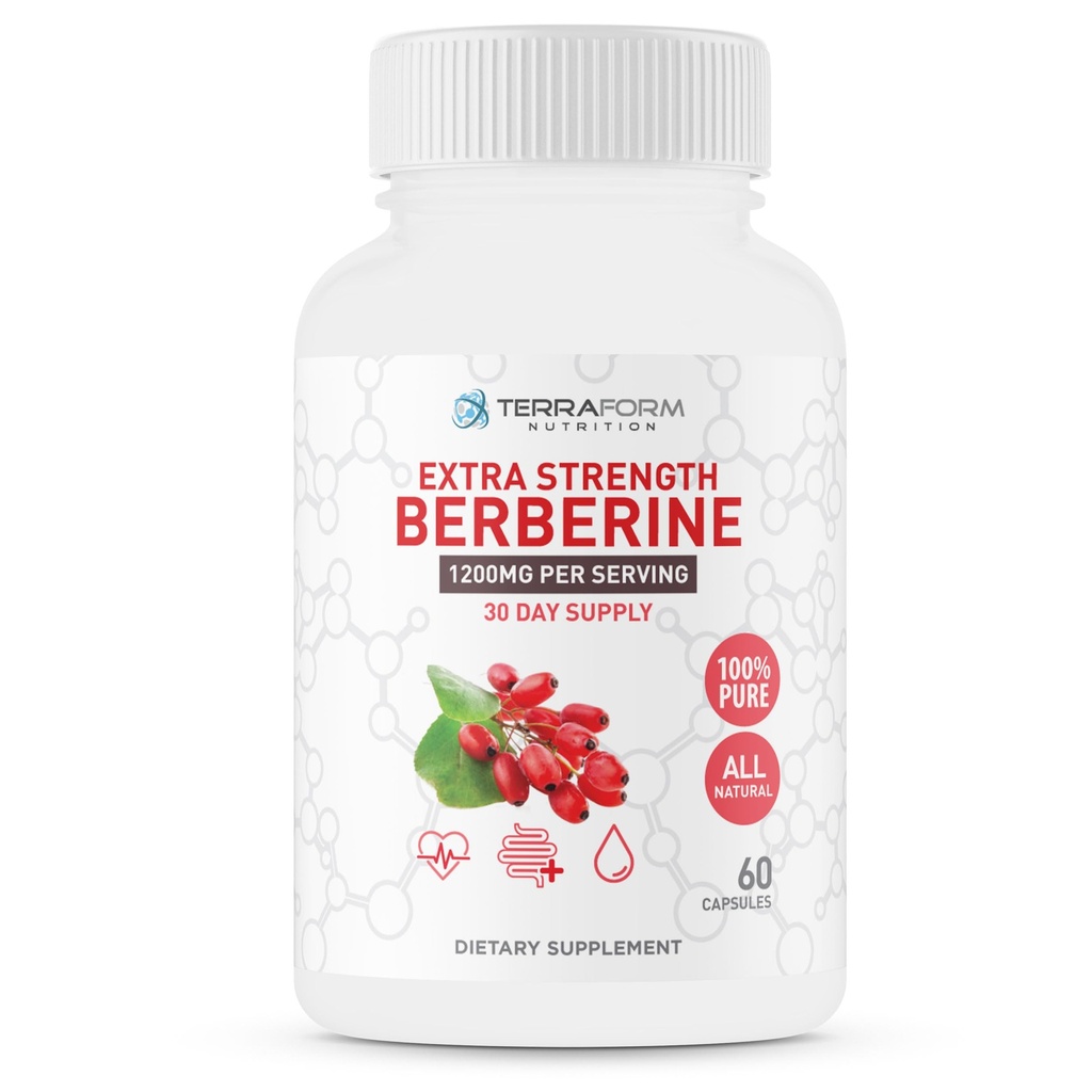 Berberine supplement - 1200mg Max Strength Berberine HCl Per Serving - Pure Berberine - 60 kapsler, 600mg Hver - 1 måned Tilgang - TerraForm Nutrition