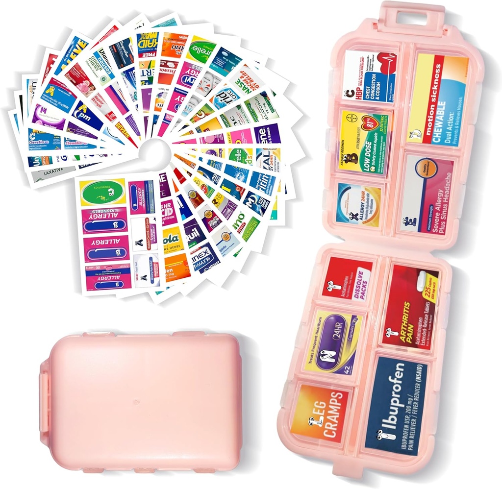Pill Organizer med Medicine Labels 161 Labels Travel Daily Pill Container Mini Medication Organizer Storage Pill Organizer Travel Essentials Pill Case 7 Dag (Pink, 1 Pack)