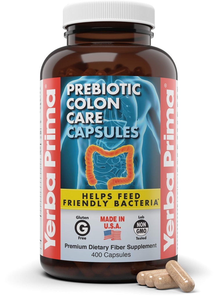Yerba Prima Prebiotic Colon Care Kapsler, 400 Caps - Fem former for Fiber Plus FOS Præbiotika - Kosttilskud - Sund Opløselig & Uopløselige fibre til regularitet og fordøjelsesstøtte