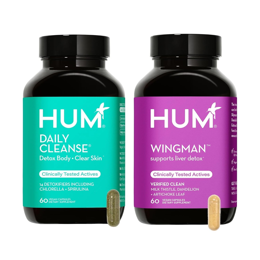 Hum Full Skin and Liver Health Supplement fra Nutrition, Wingman og Daglig Rengøring En grøn Detox & Mælk tidsel for hudpleje støtte og leversundhed, 2 Pack Bundle, 60 Veganske kapsler