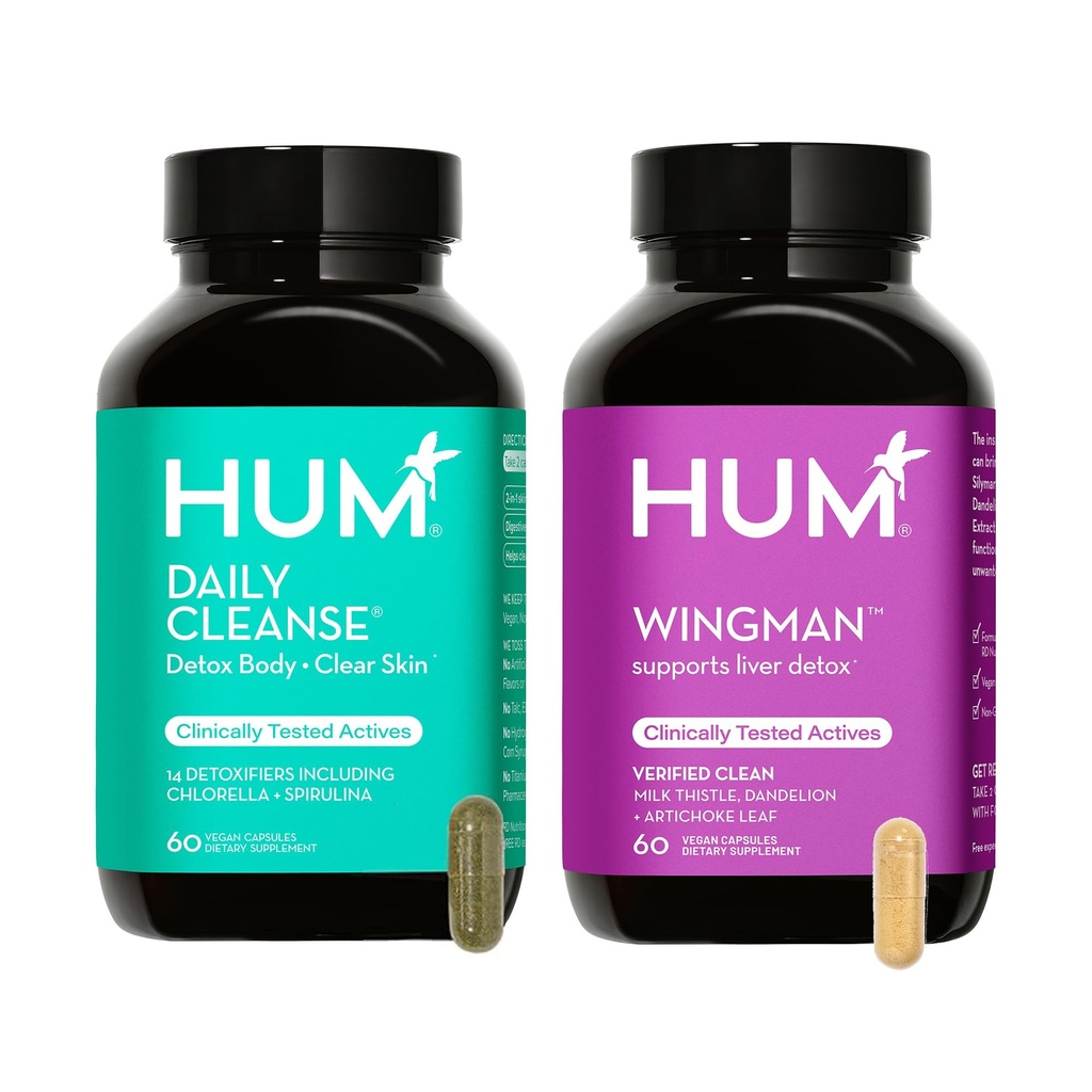 Hum Full Skin and Liver Health Supplement fra Nutrition, Wingman og Daglig Rengøring En grøn Detox & Mælk tidsel for hudpleje støtte og leversundhed, 2 Pack Bundle, 60 Veganske kapsler