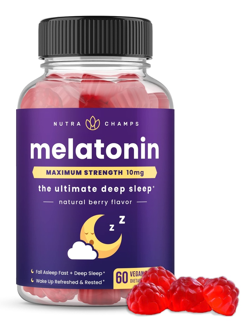 NutraChamps Melatonin Gummies for voksne, ekstra styrke sovemiddel Vitaminer, 5 mg eller 10 mg dosis, Vegan Natural Strawberry Flavor Supplement for bedre søvn, sunde sovekredse, 60 Gummies
