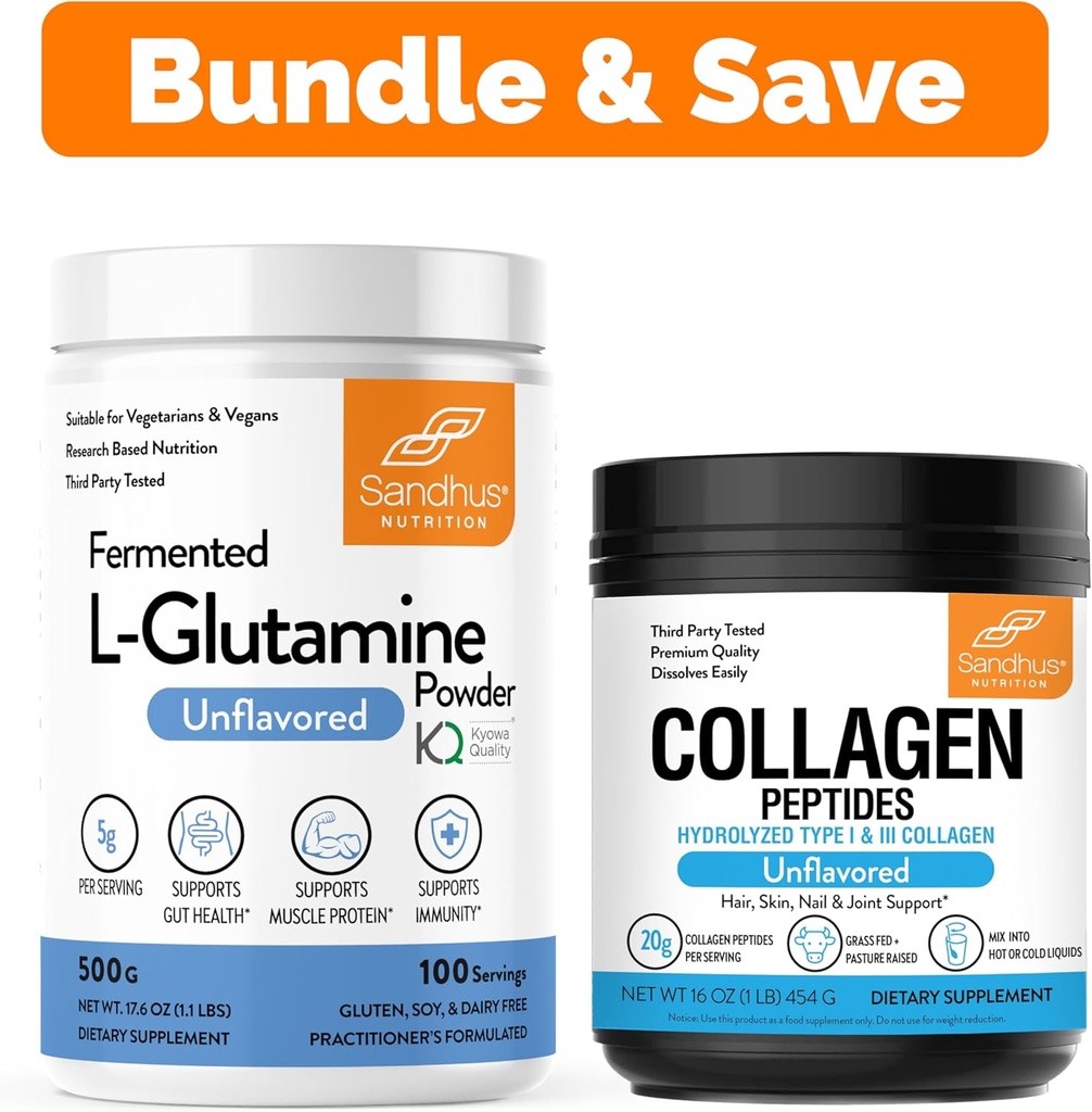 Sandhu 's L- Glutamin Powder 100 Servering, 500g, 17.6 Oz., Stor Størrelse, 3 Måneder Supply & Collagen Peptider Powder Budd124; Understøtter Muskel, Gut Sundhed, Youth Skin, Hår, Nails & Mobility
