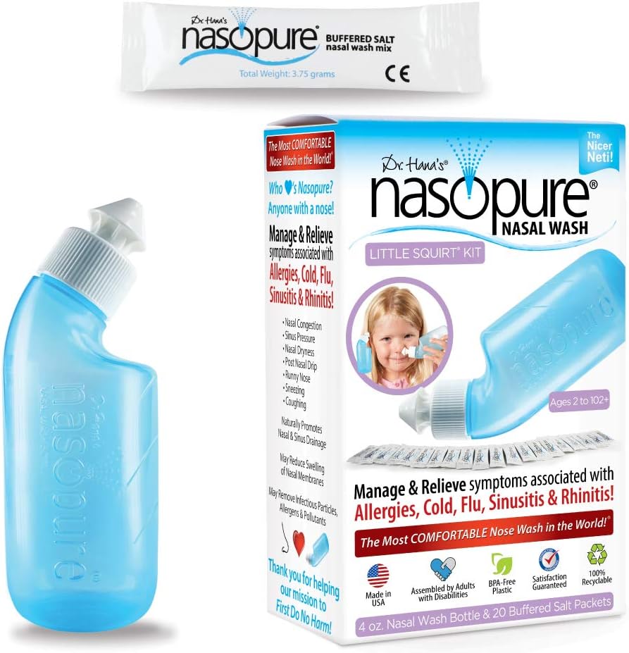 Nasopure Nasal Wash, Little Squirt Kit, "The Nicer Neti Pot" Sinus Wash Kit, Komfortabel Nasal Rinse 4 Oz Flaske & 20 Salt Pakker (3.75 Gr Hver), Nasal Congestion, Cold, Allergi, Nasal Vanding