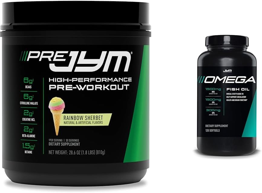 JYM Supplement Science Pre Jym Rainbow Sherbet 30 Servering & Omega JYM Fish Oil 2800mg 120 Softgels