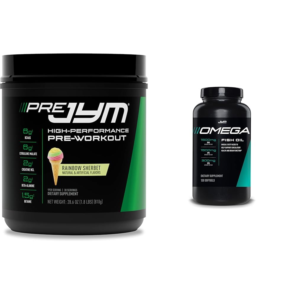 JYM Supplement Science Pre Jym Rainbow Sherbet 30 Servering & Omega JYM Fish Oil 2800mg 120 Softgels