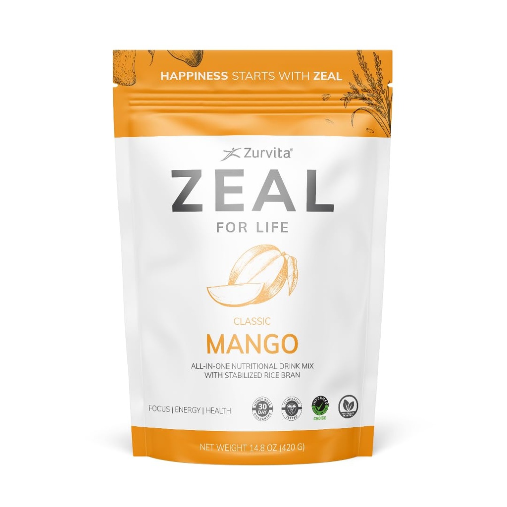 Zurvita Zeal for Life Wellness Drink Mix - Mango Flavor - Gluten- Free, Vegan, med Biotin, Vitaminer B12, C, D, E, Jern, Magnesium - 30 Servere (420g)