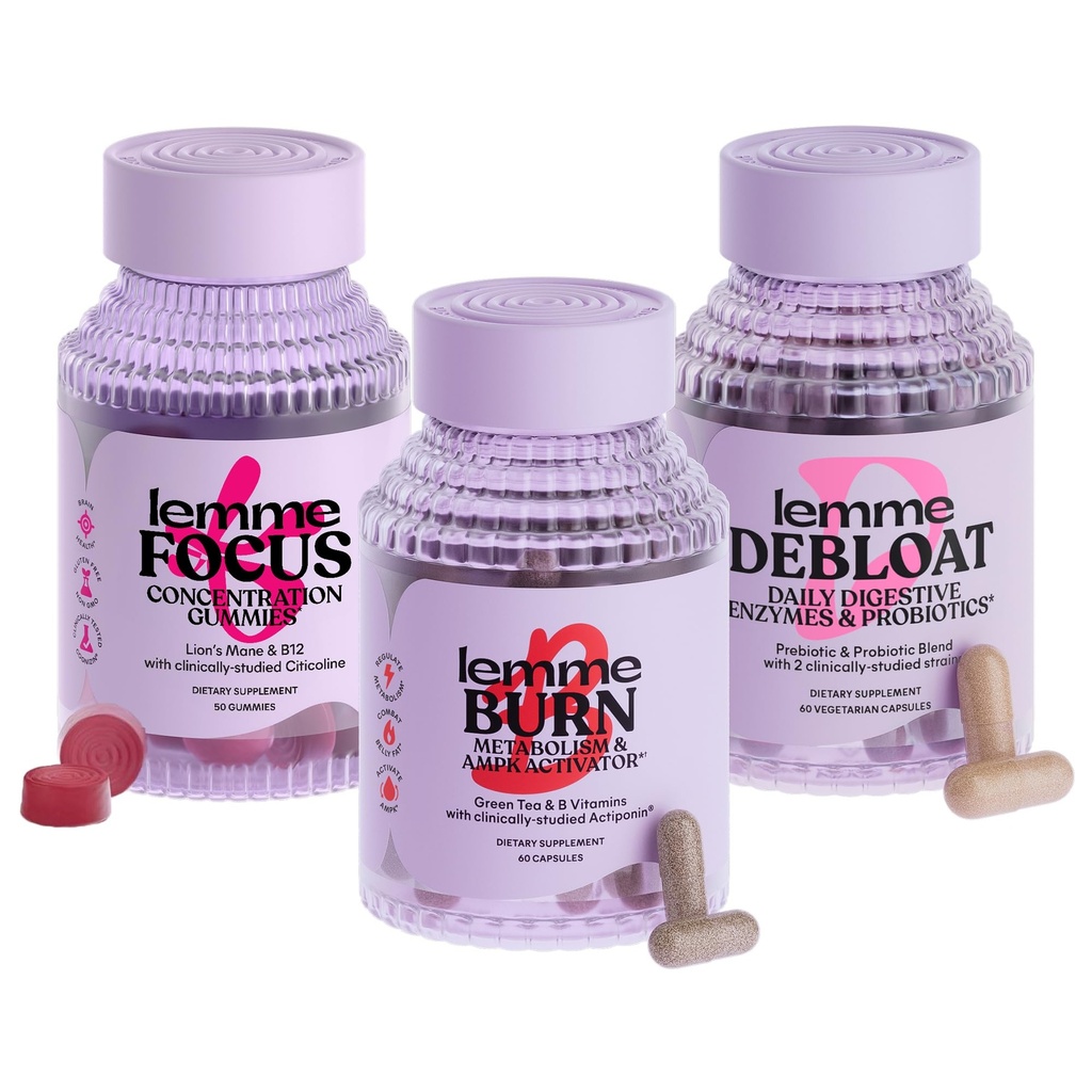 Lemme Burn, Debloat & Focus Bundle; Metabolisme & Fat Burning + Bloating & Gas Relief Capsules + Focus & Brain Health Gummies