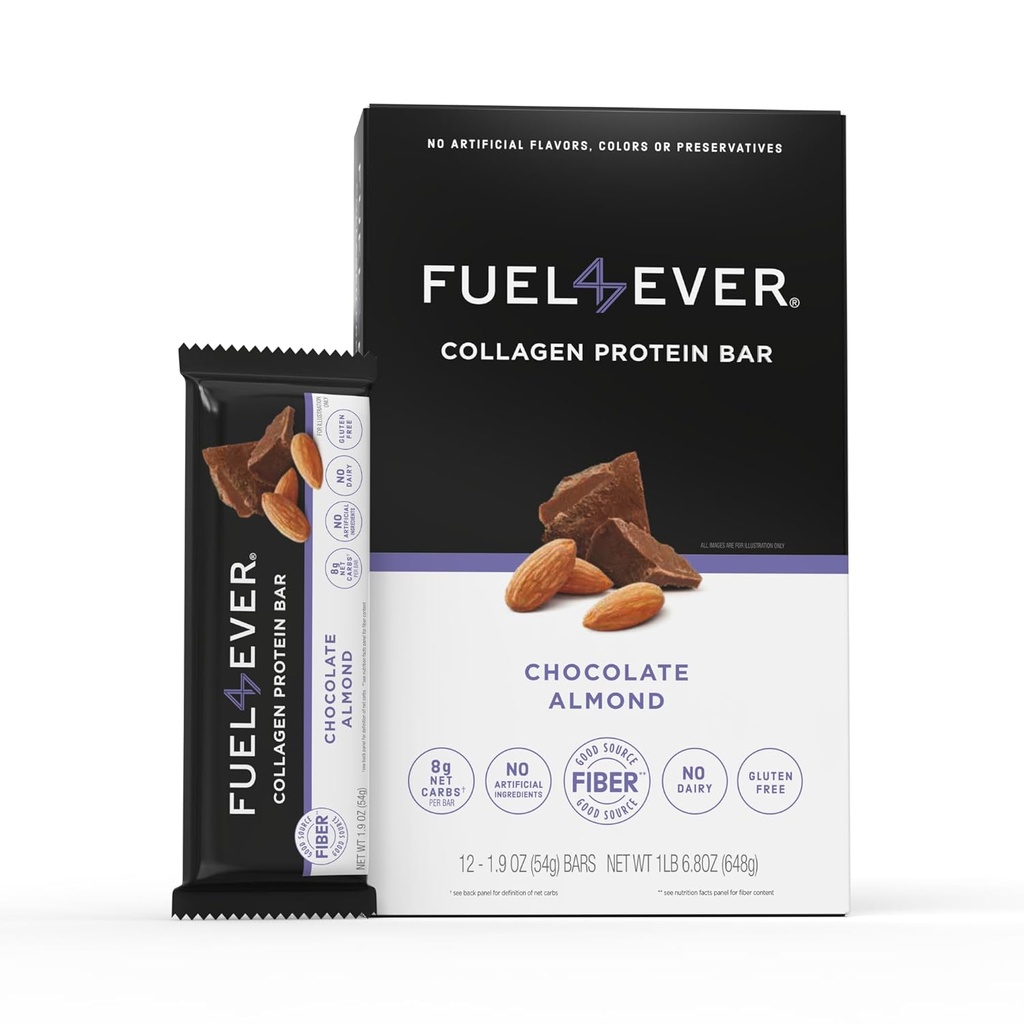Brændstof 4 Nogensinde Collagen Protein Bars 124; 14G Protein, Gluten Free, Dairy Free, Ingen Stevia eller Kunstige Ingredienser Tilføjet, Sødet med Honning; Chokolade Mandel Flavor (Box af 12)