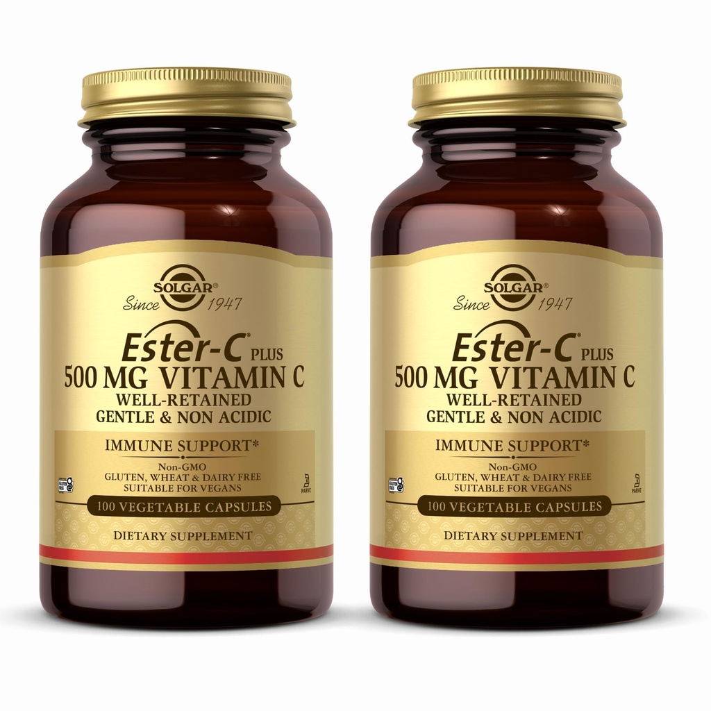 Solgar Ester- C Plus 500 mg C-vitamin (Ascorbat Complex) - 100 Vegetabilske kapsler, pakke af 2 - Antioxidant & immunforsvar - ikke GMO, Vegan, Gluten Free, Kosher - 200 Total Servering