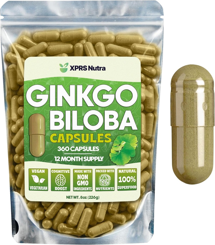 XPRS Nutra Ginkgo Biloba Kapsler - Gingko Biloba indkapslet Kognition - Vegan Friendly Ginkoba Biloba - Immunity Boosting Ginkgo Biloba Kapsler - 360 Count