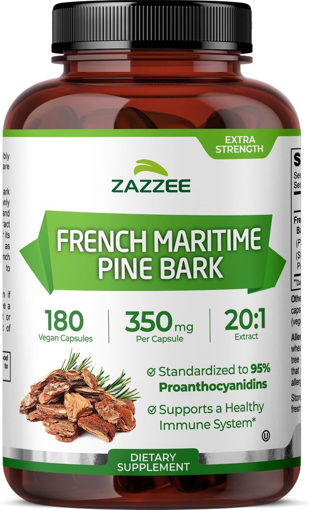 Zazzee Extra Strength French Maritime Pine Bark 20: 1 Extract, 350 mg Per Capsule, 180 Vegan Kapsler, 95% Proanthocyanidin, Kosher, 6 Måned Supply, Standardized 20X Extract, Non- GMO, Made in The USA