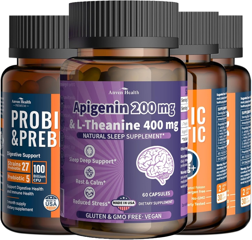 100 Millioner Probiotika til Gut & immunforsvar, Apigenin 200mg med L- Theanine 400mg til afslapning & Stress Support