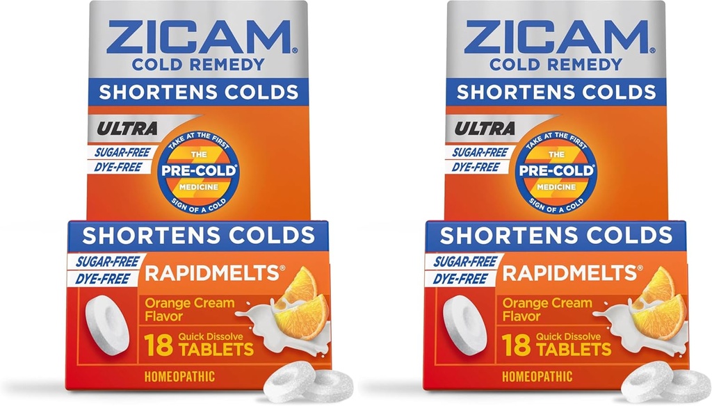 Zicam Ultra Cold Remedy Zink Rapidmelts, Orange Cream Flavor, Homøopatisk, Cold Shortening Medicine, Shortens Cold Varighed, Sugar- Free, Farveløs, 18 Greve (Pack of 2)