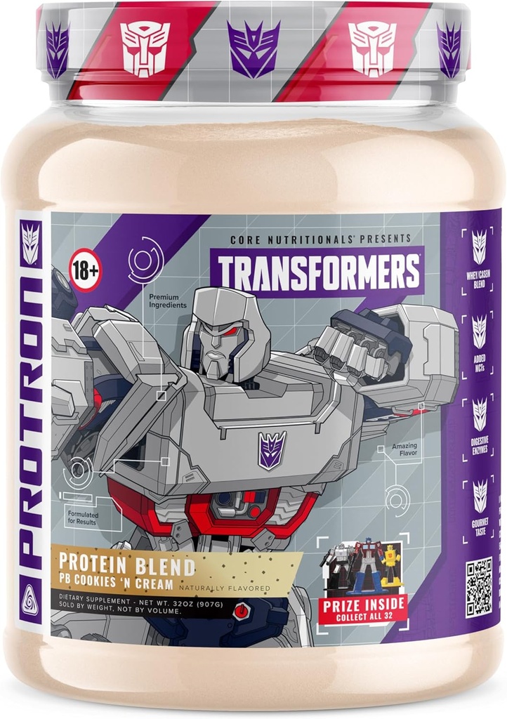 Core Nutritionals Transformers Protron Protein | Whey + Casein Blend | MCTs & Digestive Enzymes | 25g Protein | Free Prize Inside - Megatron | 2 Pound (PB Cookie 'N Cream)