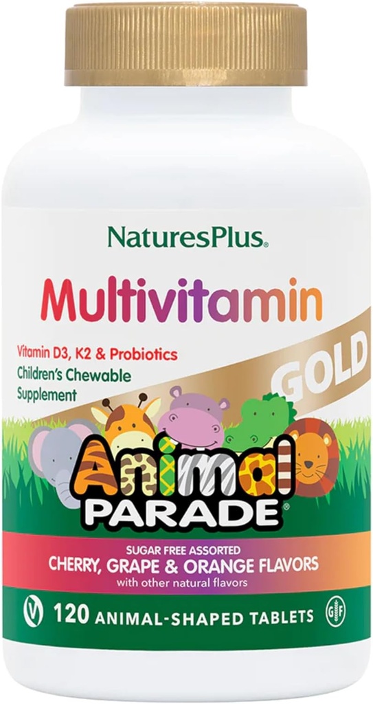 NaturesPlus Animal Parade Gold Children 's Multivitamin - Assorted Cherry, Orange & Grape Flavors - 120 Animal- Shaphed Chewable Tablets, Pack of 4 - Vegan, Gluten Free - 240 Total Servering