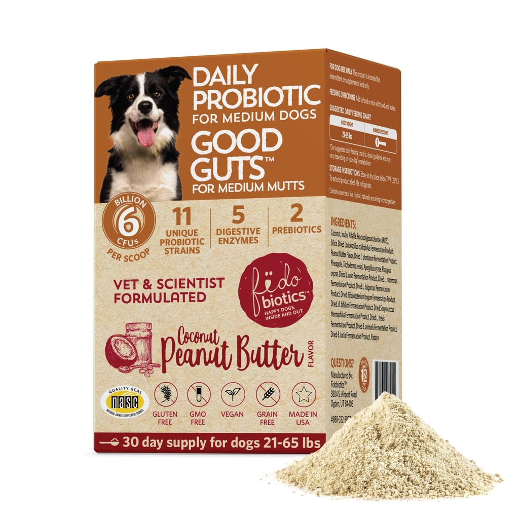 Fidobiotika gode guts for Medium Mutts Probiotika til hunde, 6 Millioner CFU 'er, 11 Strops, 5 fordøjelsesenzymer, 2 Prebiotika, fordøjelsesbesvær Gut Sundhed for hunde, Voksen & Puppy Probiotika Kosttilskud (30 dage)