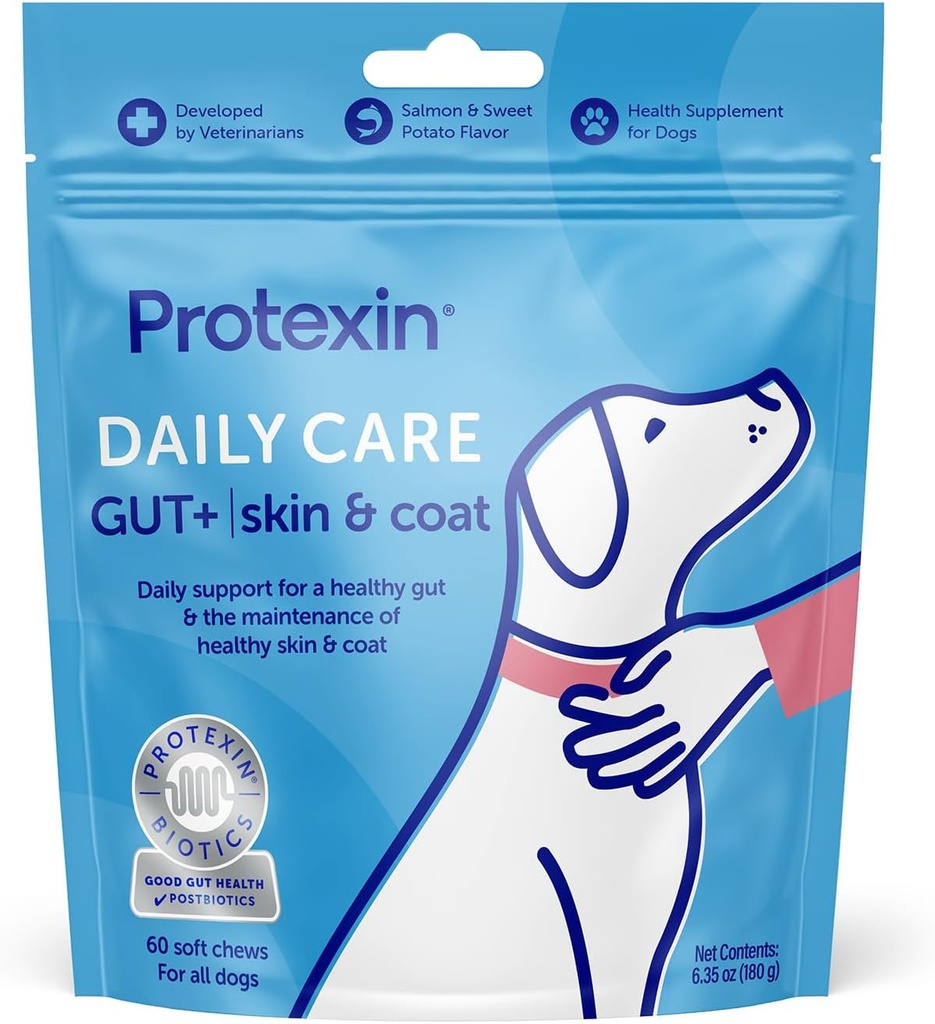 Protexin Daglig pleje Gut + Hud & Coat Buddy 124; 60 Hund Chews, Salmon og sød Kartoffel Flavor Dog Supplement Buddy 124; Probiotika til hunde, Hunde Postbiotika