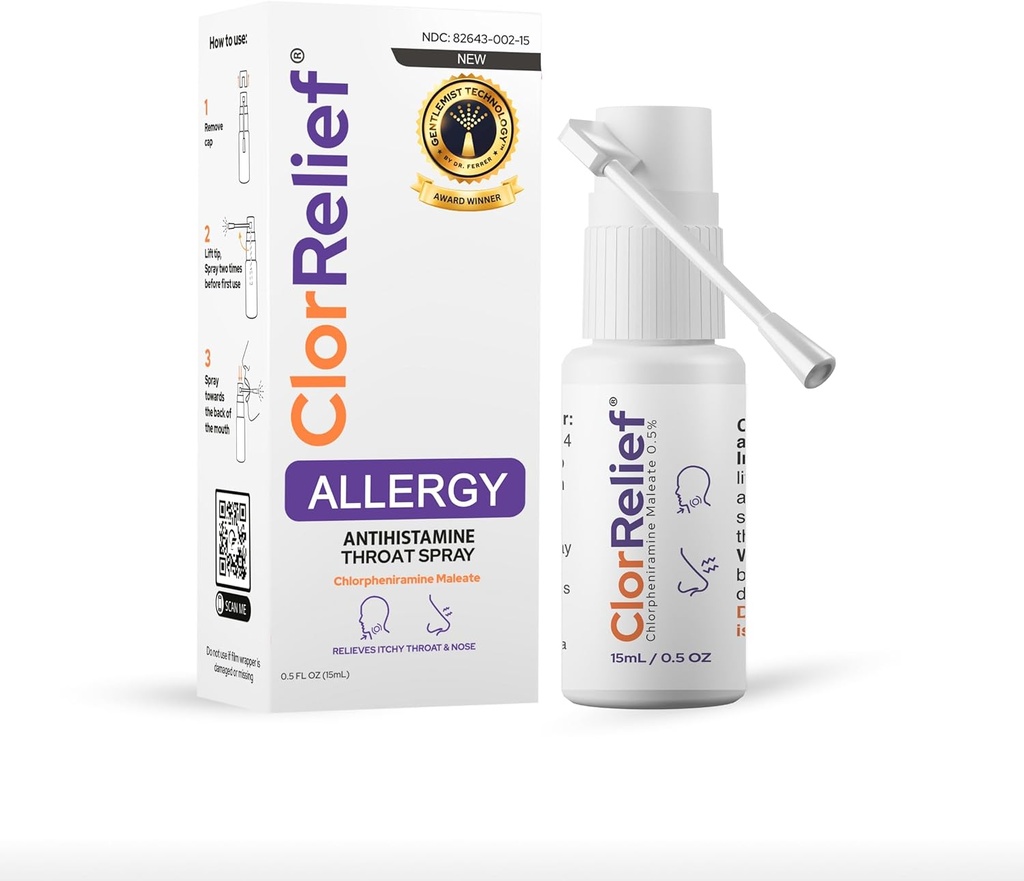 ClorRelief Antihistamin Hals Spray til allergier - Chlorpheniramin 0, 5 FL Oz - Relief til Itchy Hals, nysen, & Allergi Symptomer - Non- Drowsy, Voksen Anvendelse