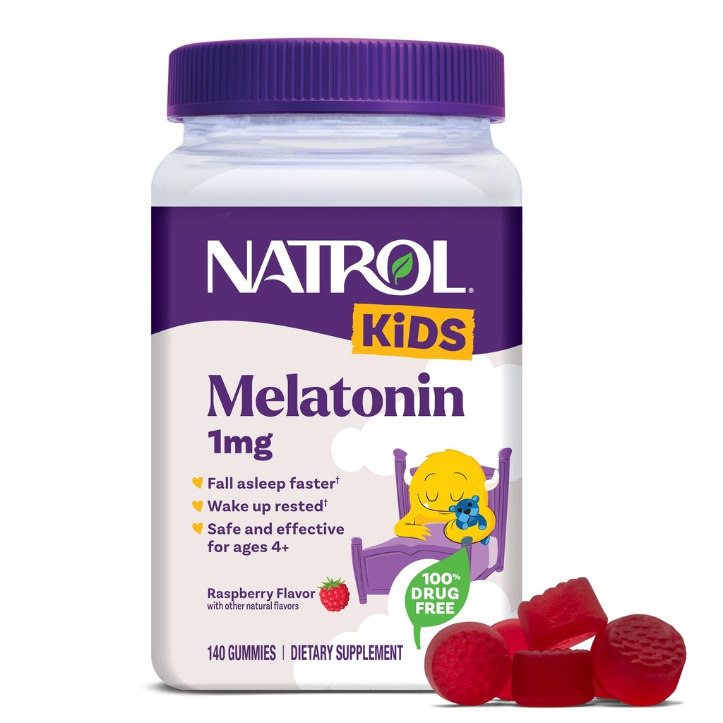 Natrol Kids Melatonin Gummies 1mg, Children 's Melatonin for Rastful Søvn, 140 Raspberry-Søvn Gummies, 140 Day Supply