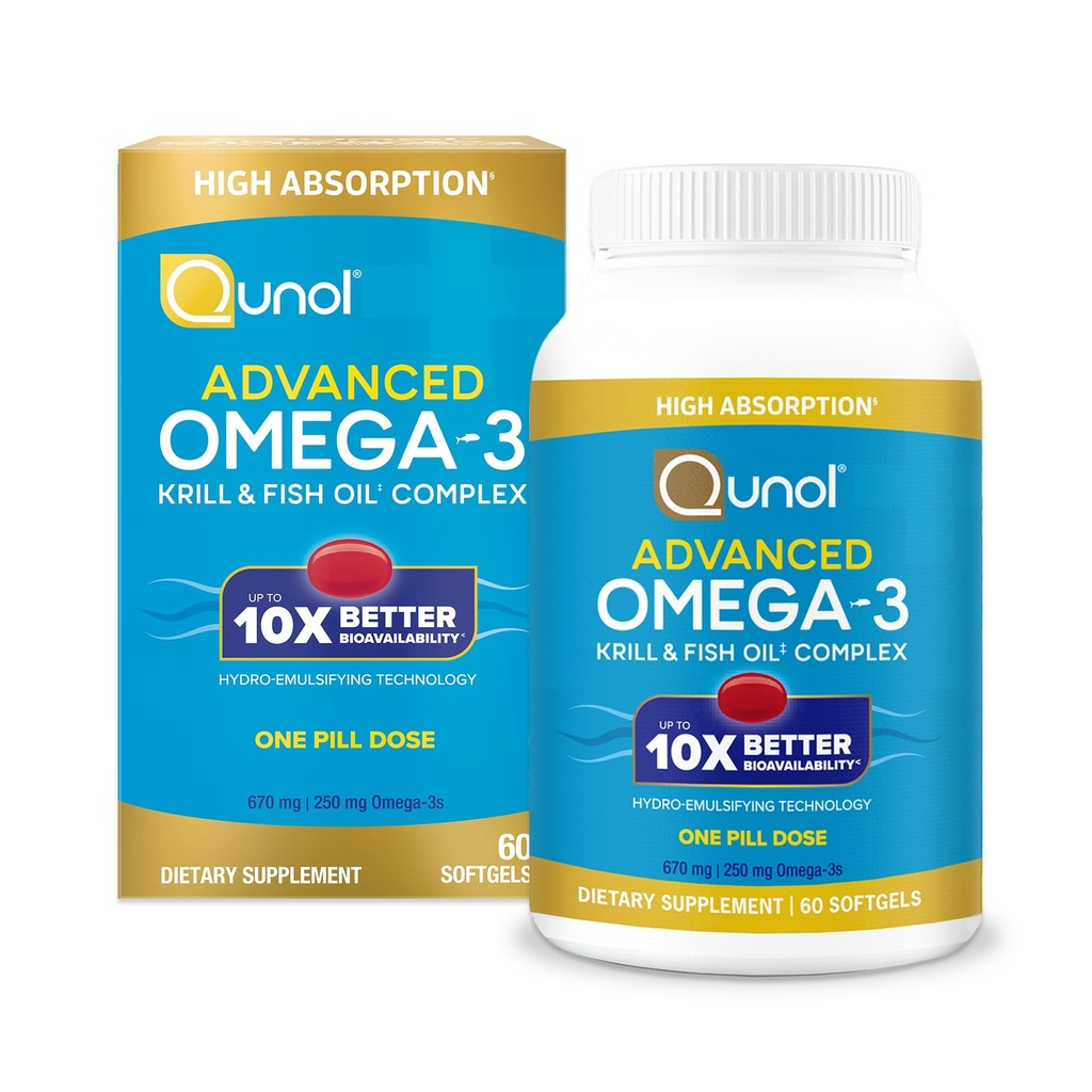 Qunol Advanced Omega 3 Krill og Fish Oil Complex, 10x bedre biotilgængelighed, One Pill Dosis, 250 mg EPA & DHA, understøtter hjerne, øje, hjerte og fælles sundhed, 60 greve (pakke med 1)