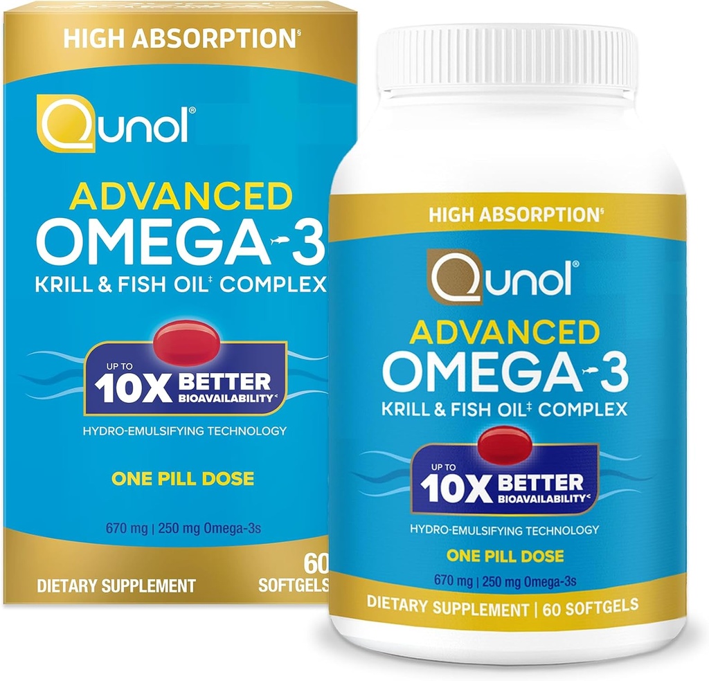 Qunol Advanced Omega 3 Krill og Fish Oil Complex, 10x bedre biotilgængelighed, One Pill Dosis, 250 mg EPA & DHA, understøtter hjerne, øje, hjerte og fælles sundhed, 90 greve (pakke med 1)