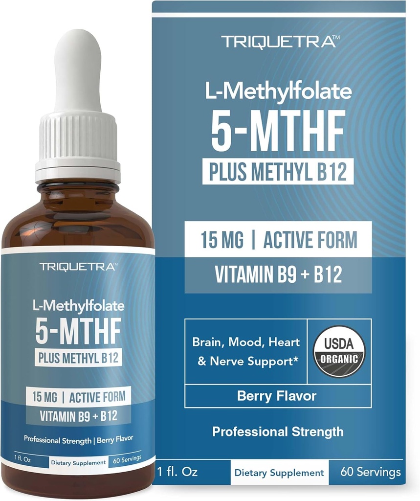 L methylfolat 15mg Plus Methyl B12 Cofaktor - Økologisk berry flavor, høj potens flydende Sublingual Active 5- MTHF Form - Understøtter Mood, Methylation, Cognition - Bioactive Forms B9 & B12 (1oz)