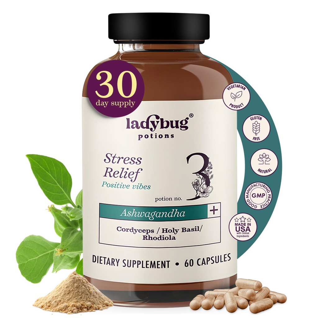 Organic Mood Pills - 60 kapsler Organic Ashwagandha Kosttilskud til kvinder og mænd, Ashwagandha Root Kapsler med Cordyceps, Holy Basil & Rhodiola, Reducere stress, øger mood og kognitiv funktion