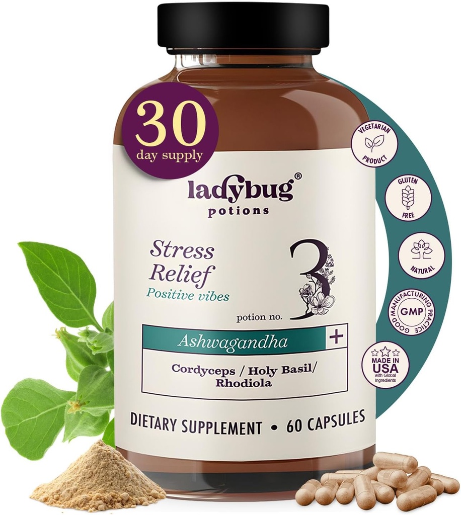 Organic Mood Pills - 60 kapsler Organic Ashwagandha Kosttilskud til kvinder og mænd, Ashwagandha Root Kapsler med Cordyceps, Holy Basil & Rhodiola, Reducere stress, øger mood og kognitiv funktion