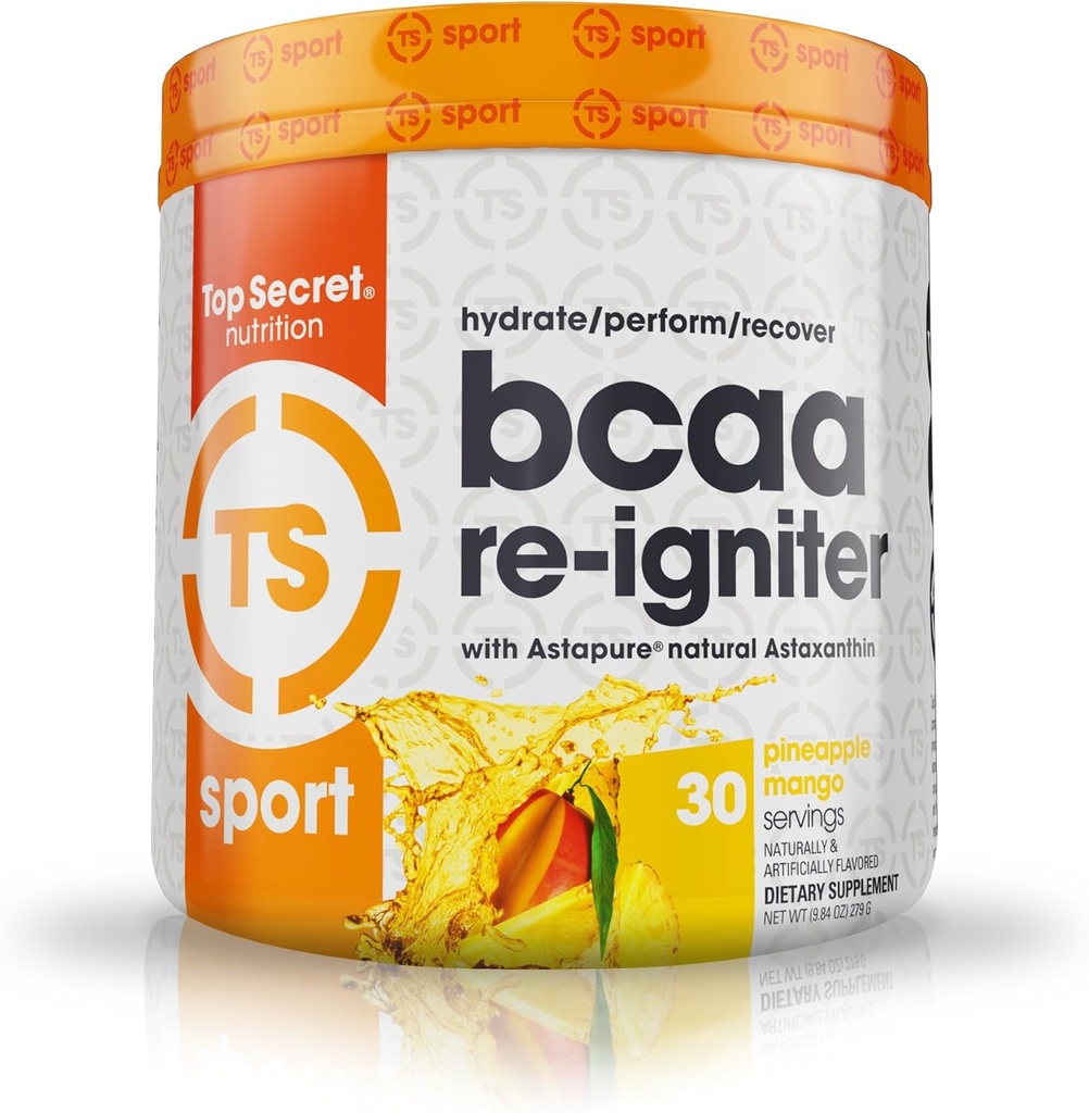 Top Secret Nutrition BCAA Re- Igniter Vegan Aminosyre tillæg med Astaxanthin og Electrolyte, Hydration Blend med kokos vand, 9.84 oz (30 portioner), Ananas Mango