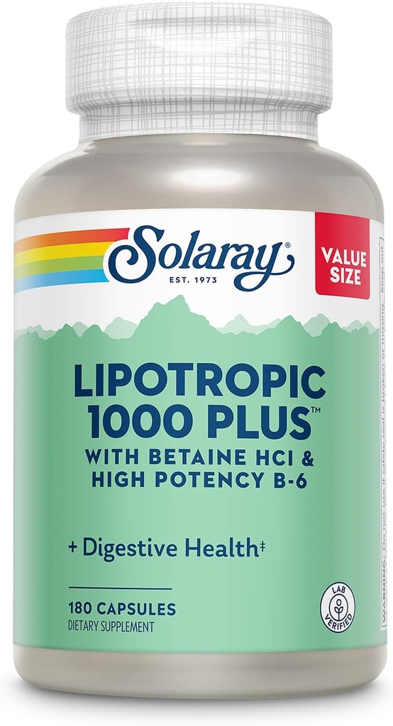 SOLARAY Lipotropic 1000 Plus med Betaine HCl & High Potency B- 6, sund fordøjelse, energi, og fedt stofskifte support, Lipotropic Complex Plus Aloe Vera, 60 dag garanti, 30 Servering, 180 kapsler